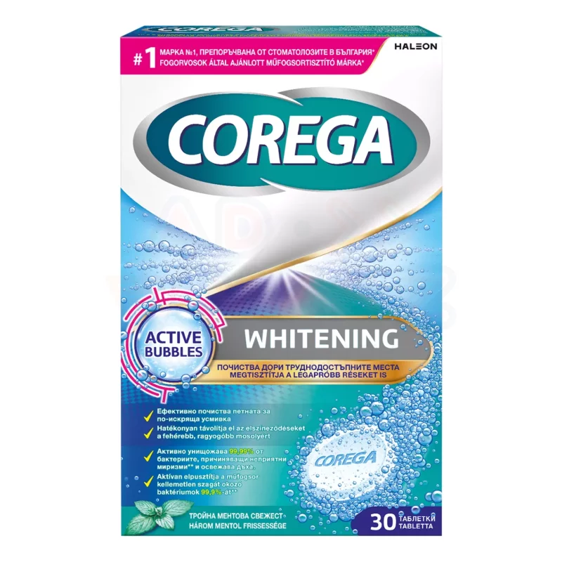 Corega Whitening antibakteriális hatású műfogsortisztító tabletta 30 db Kép