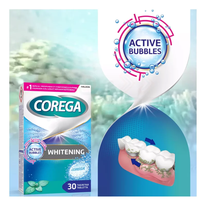 Corega Whitening antibakteriális hatású műfogsortisztító tabletta 30 db Kép