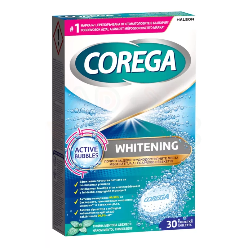 Corega Whitening antibakteriális hatású műfogsortisztító tabletta 30 db Kép