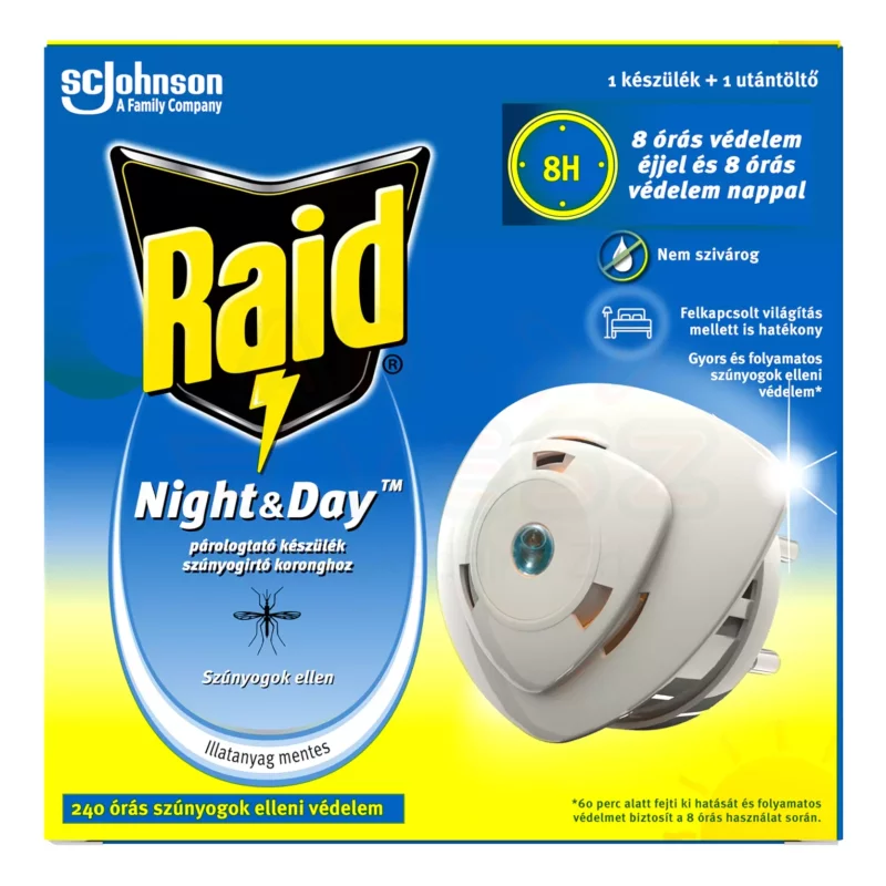 Raid® Night&Day szúnyog- és légyirtó korong készülék utántöltővel 240 órás Kép