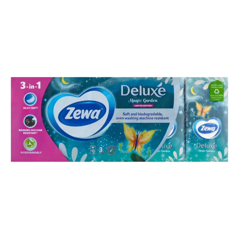Zewa Deluxe papírzsebkendő 3 rétegű 10x10 db illatmentes limitált kiadású Kép