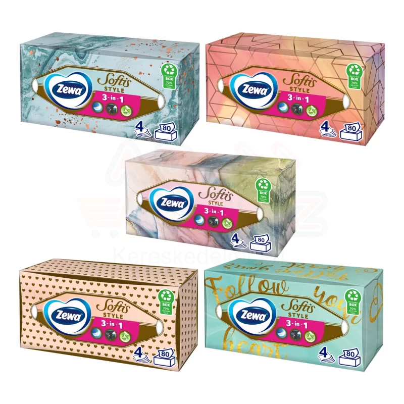 Zewa Softis papírzsebkendő 4 rétegű dobozos 80 db Style illatmentes Kép