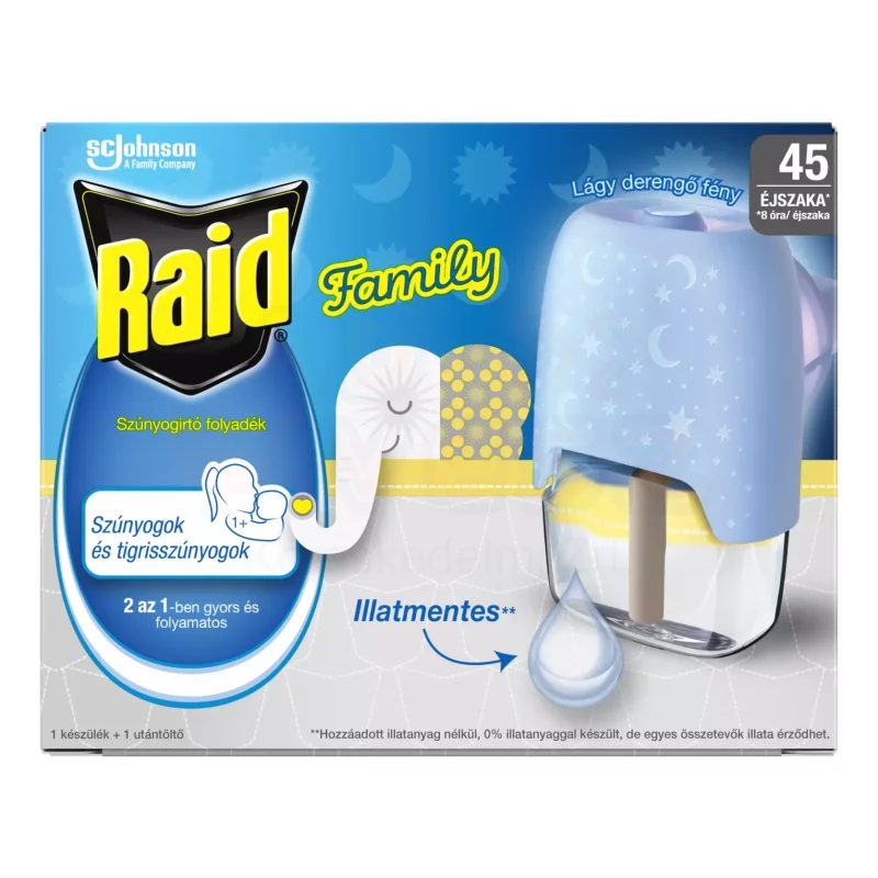 Raid® Family Elektromos szúnyogirtó készülék 45 éjszakás, illatmentes 1 db +27 ml Kép