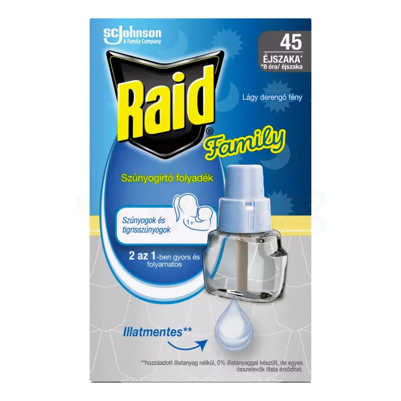 Raid® Family Elektromos szúnyogirtó utántöltő folyadék 27 ml illatmentes 45 éjszakás Kép