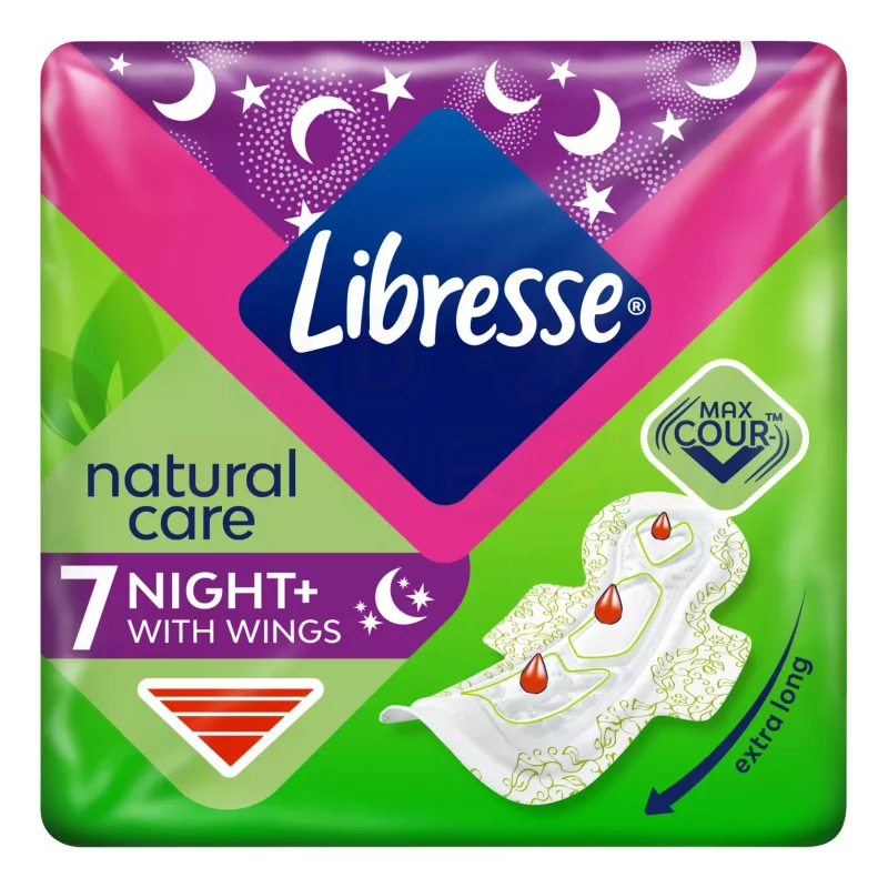 Libresse egészségügyi betét 7 db Maxi Night Wings Natural Care szárnyas Kép