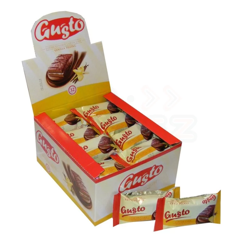 GUSTO töltött mártott kakaós piskóta szelet 32 g Vaníliás krémmel Kép